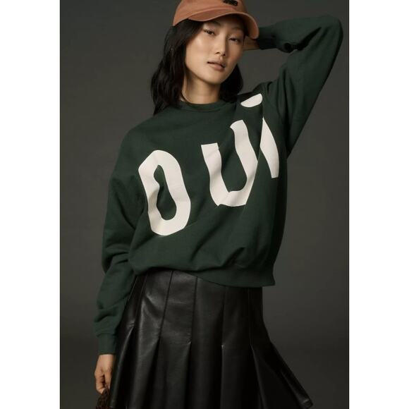 Clare V. Dark Green Oversized Oui Pullover Cotton Sweatshirt Womens Medium - Picture 1 of 8